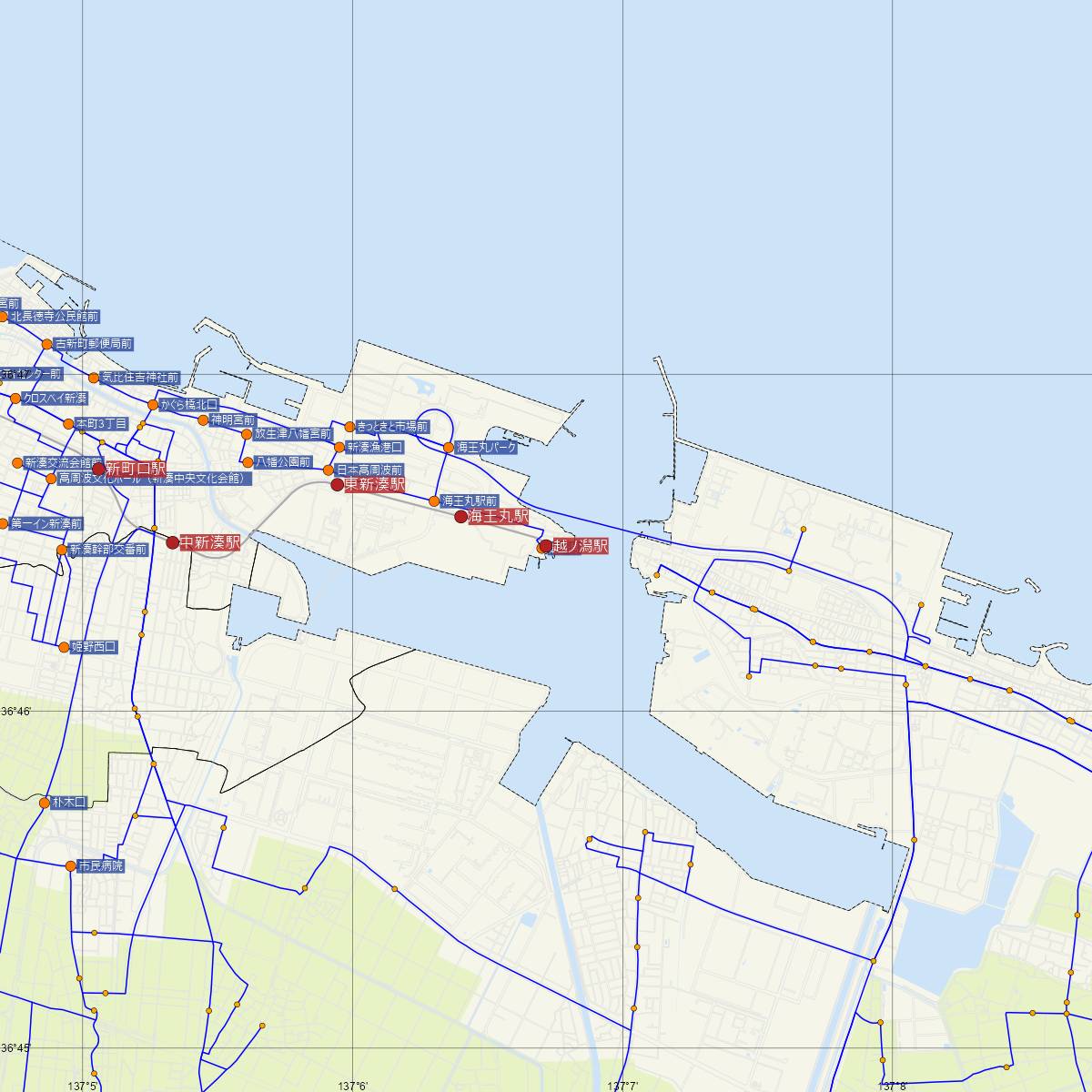 越ノ潟駅（万葉線）周辺のバス路線図