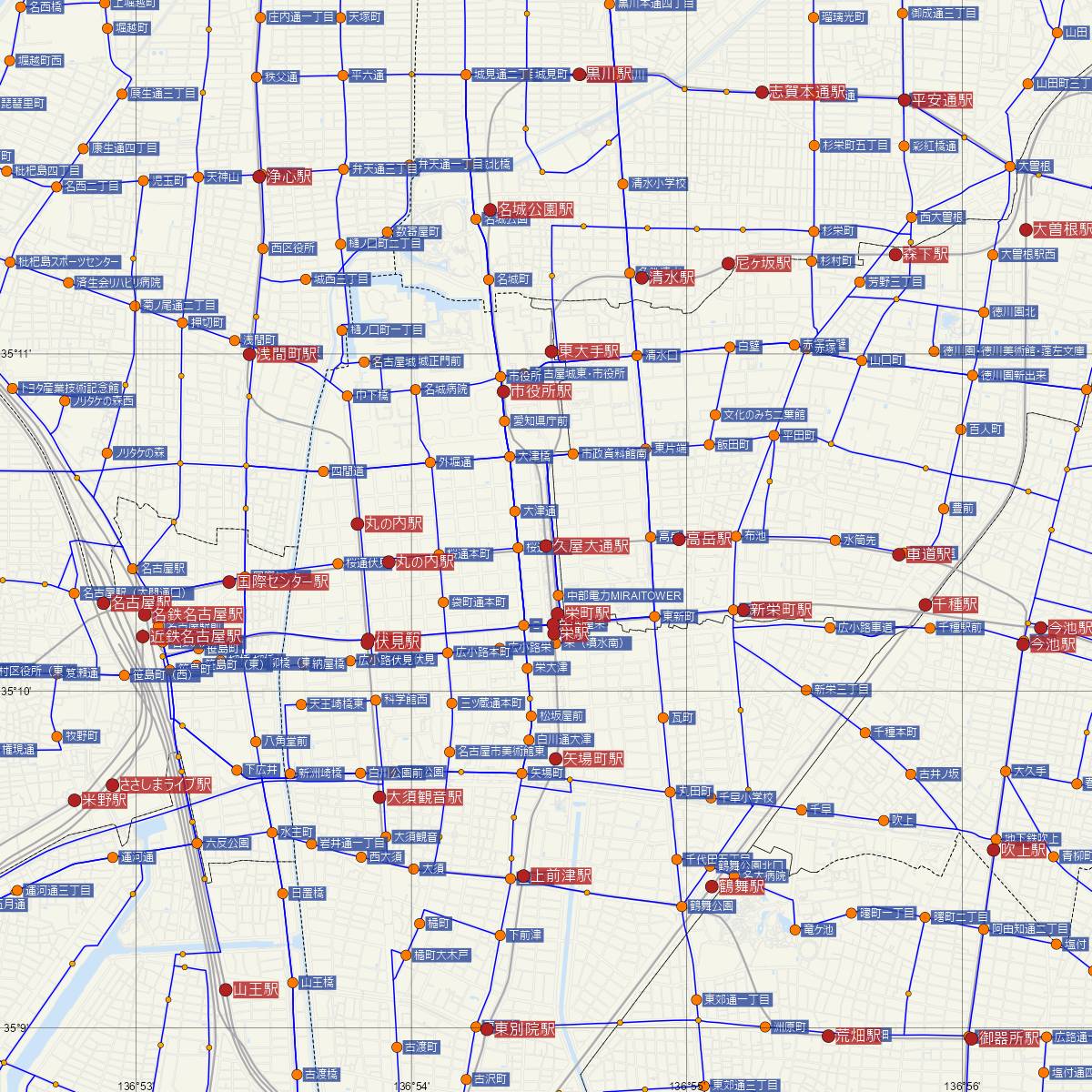 久屋大通駅（名古屋市営地下鉄）周辺のバス路線図