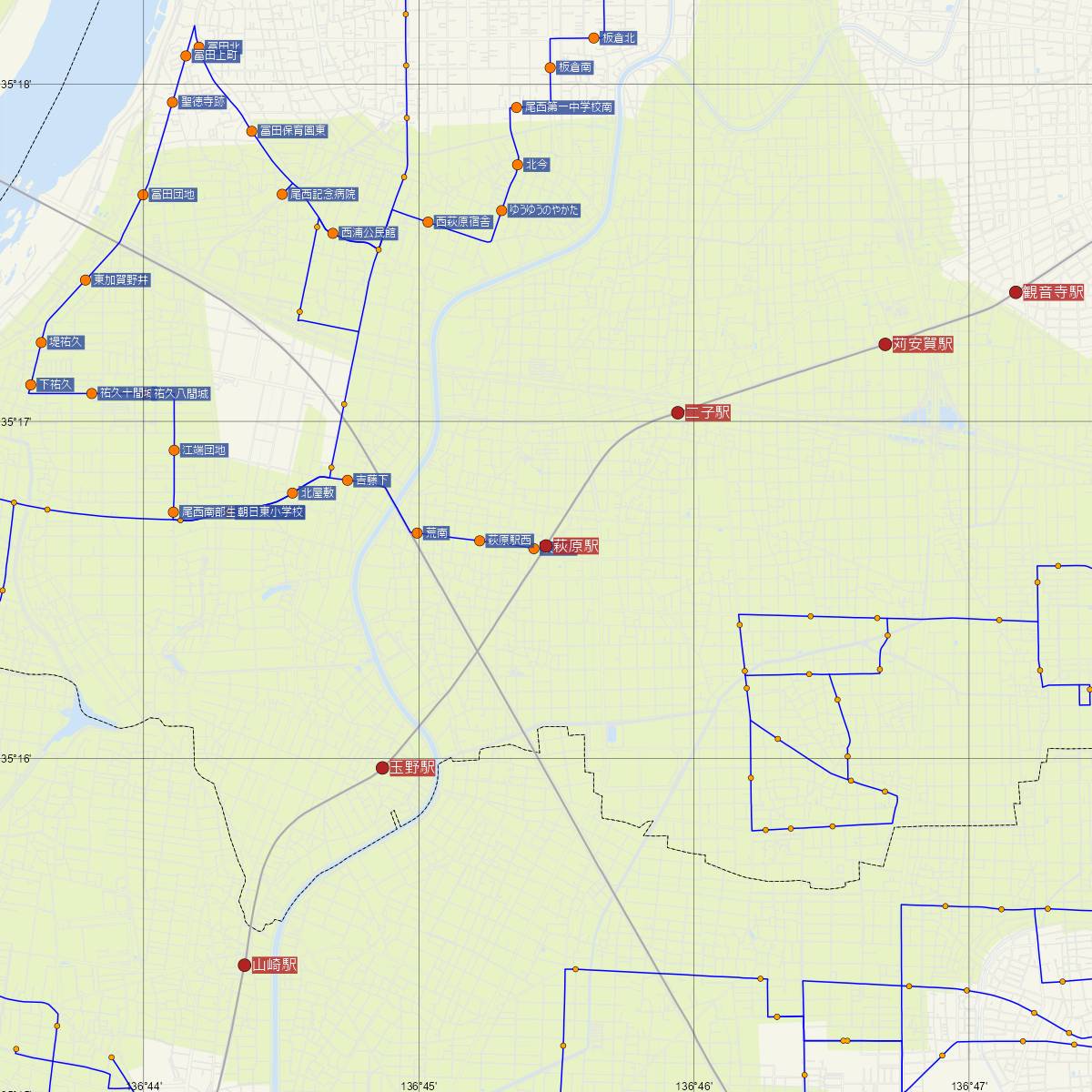 萩原駅（名古屋鉄道）周辺のバス路線図
