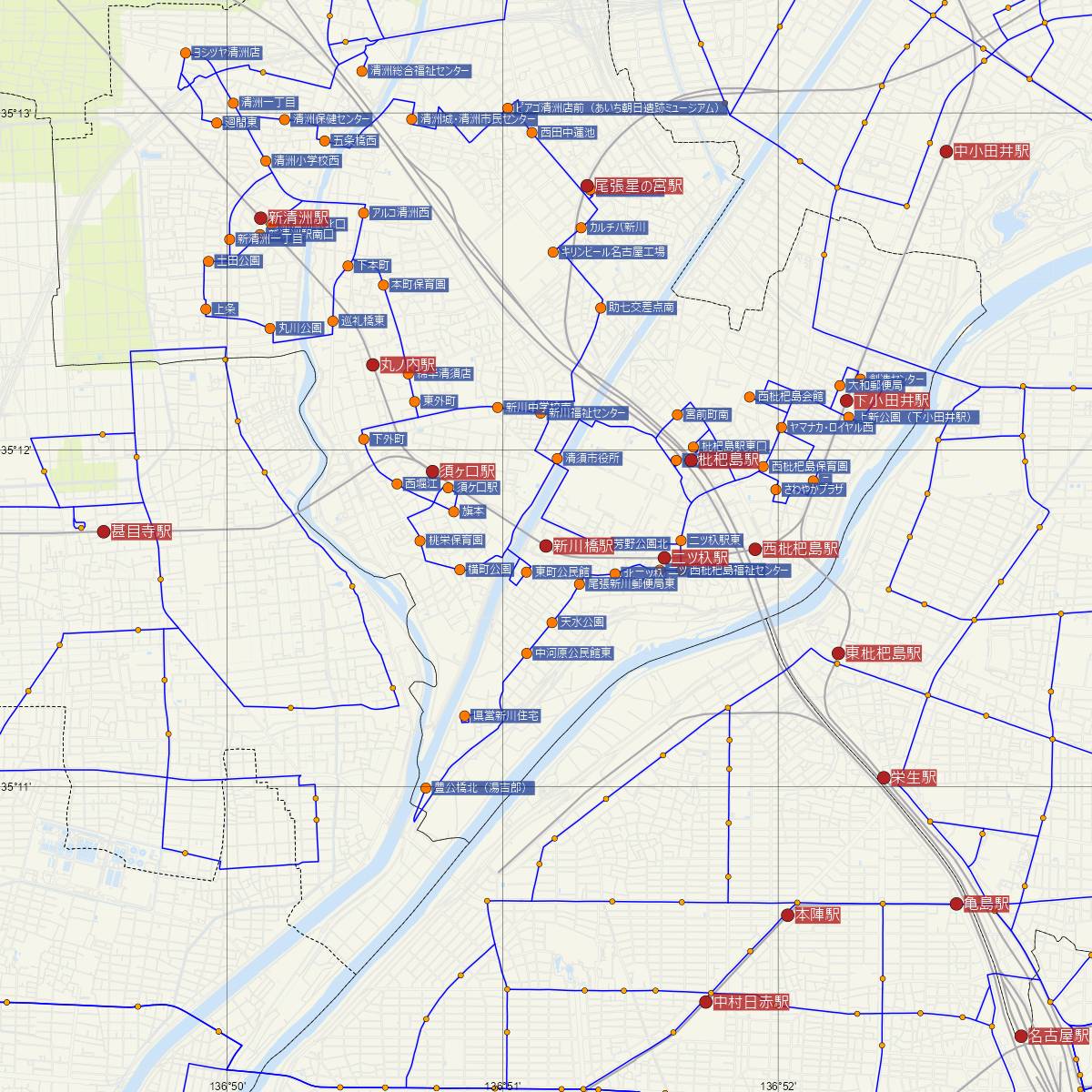 新川橋駅（名古屋鉄道）周辺のバス路線図
