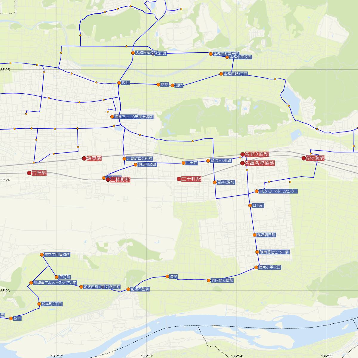 二十軒駅（名古屋鉄道）周辺のバス路線図