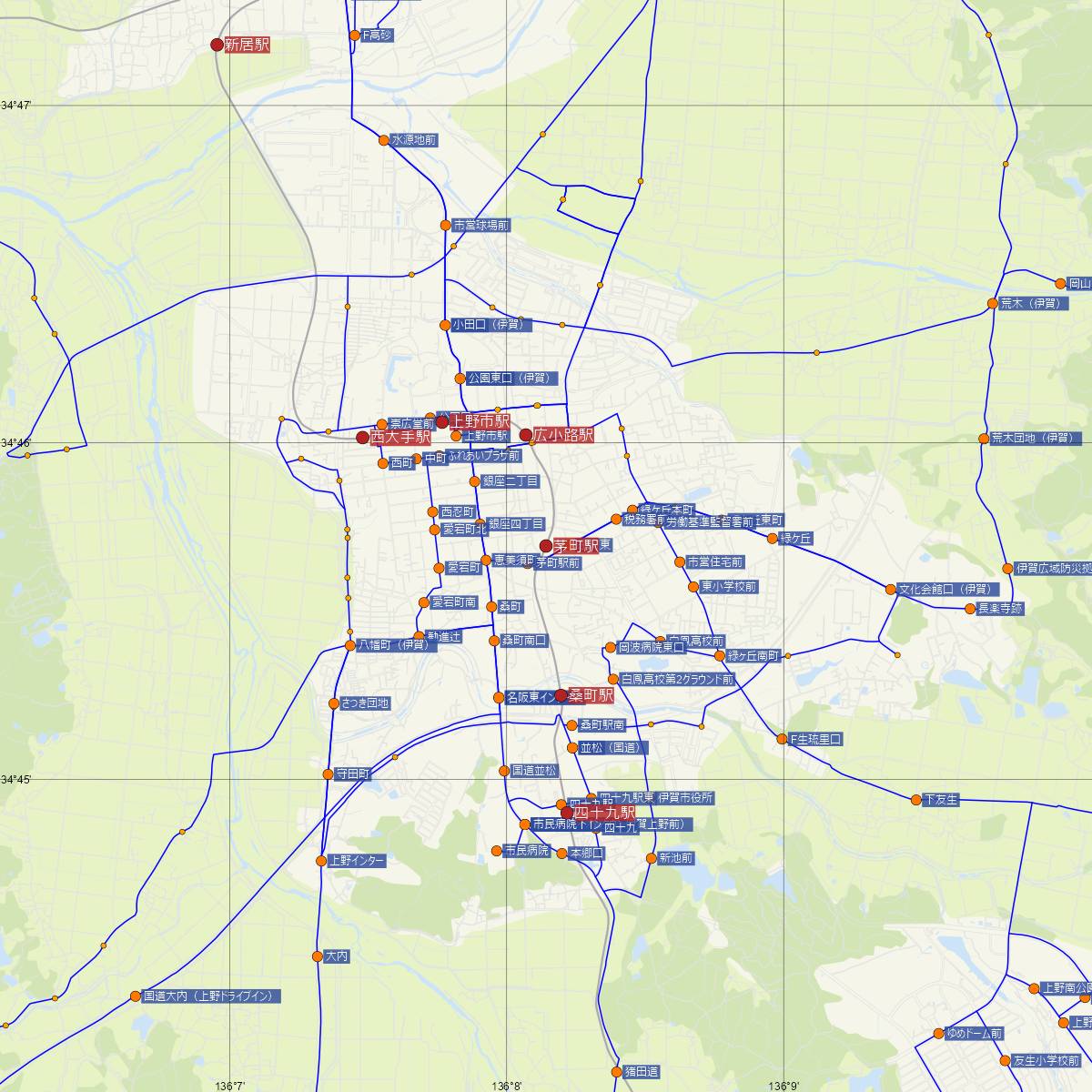 茅町駅（伊賀線）周辺のバス路線図