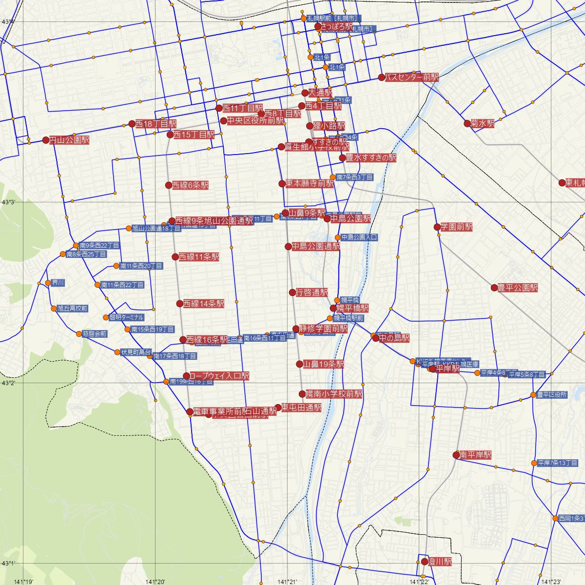 行啓通駅（札幌市電）周辺のバス路線図
