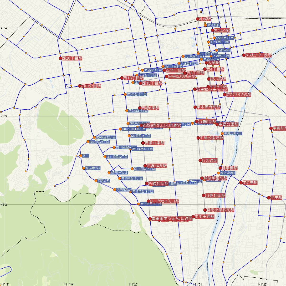 西線11条駅（札幌市電）周辺のバス路線図