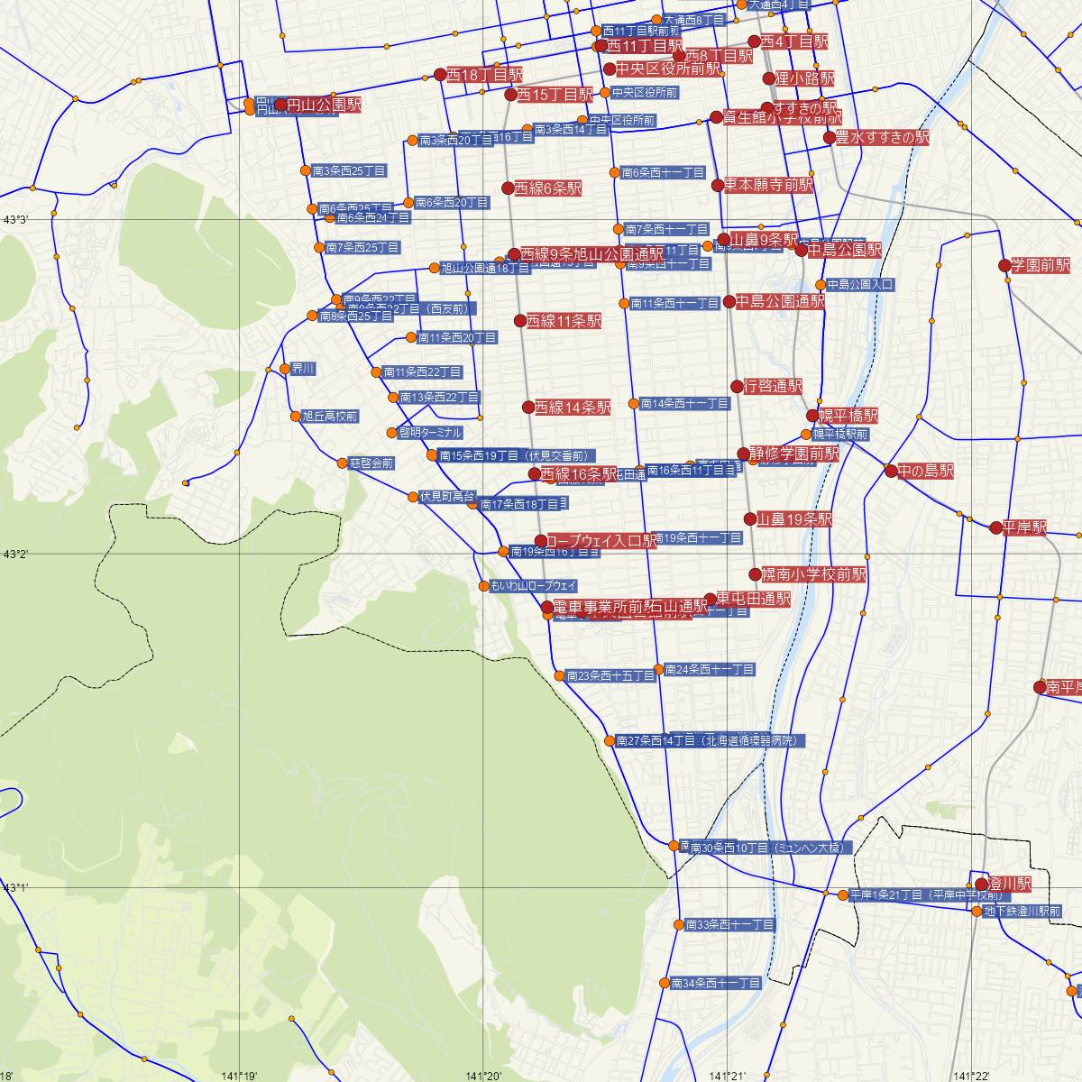 ロープウェイ入口駅（札幌市電）周辺のバス路線図