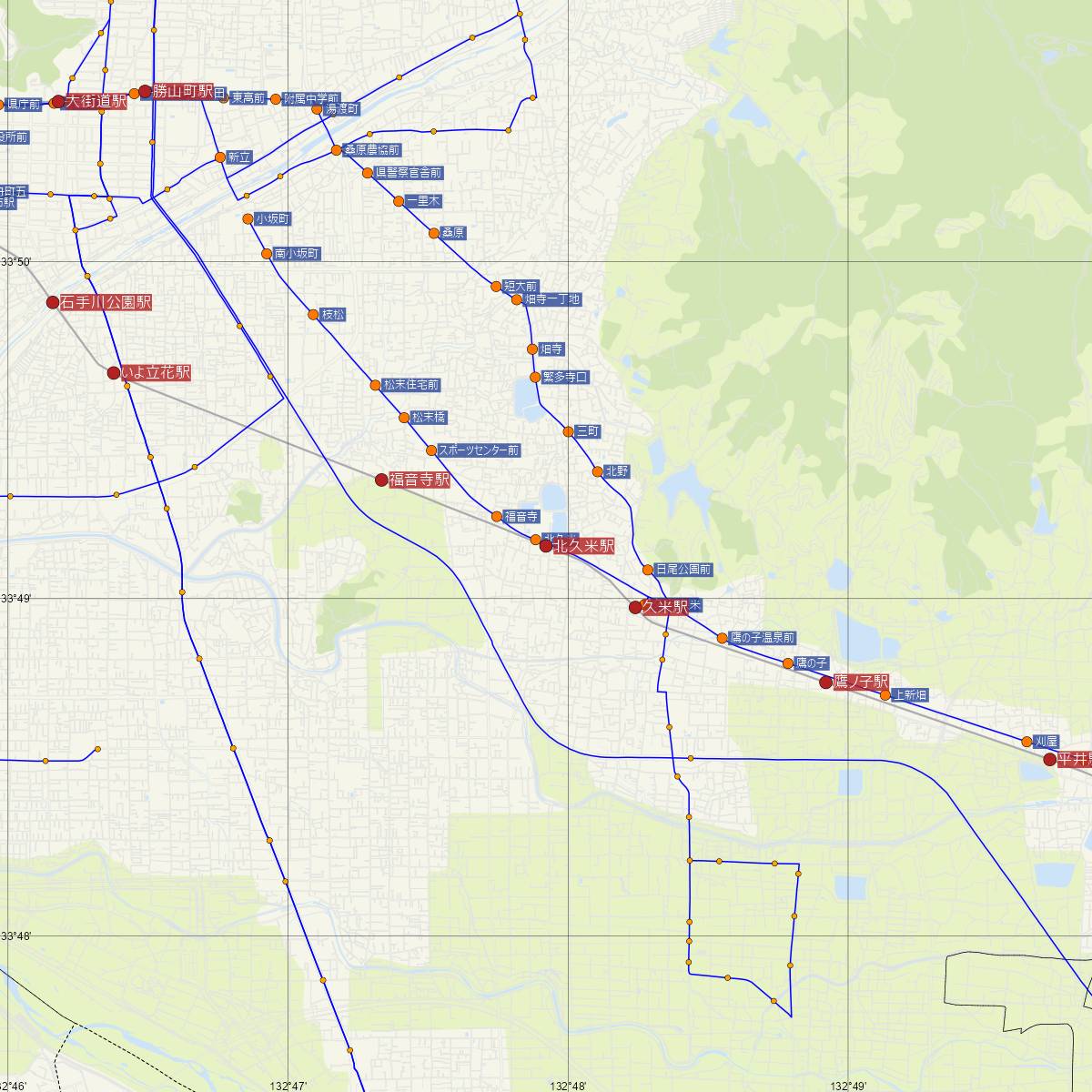 北久米駅（伊予鉄道）周辺のバス路線図