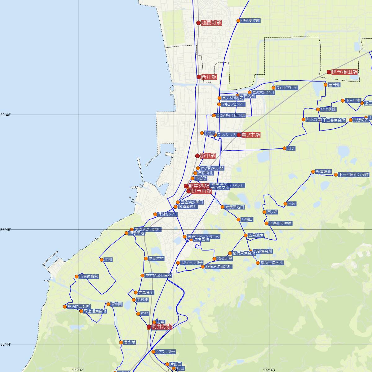 郡中港駅（伊予鉄道）周辺のバス路線図