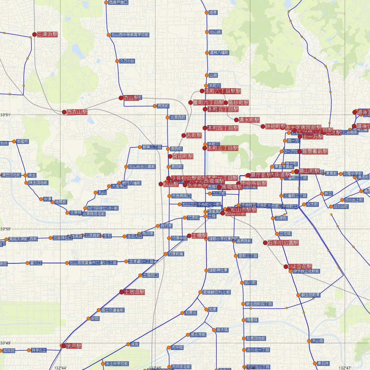 大手町駅（伊予鉄道）周辺のバス路線図