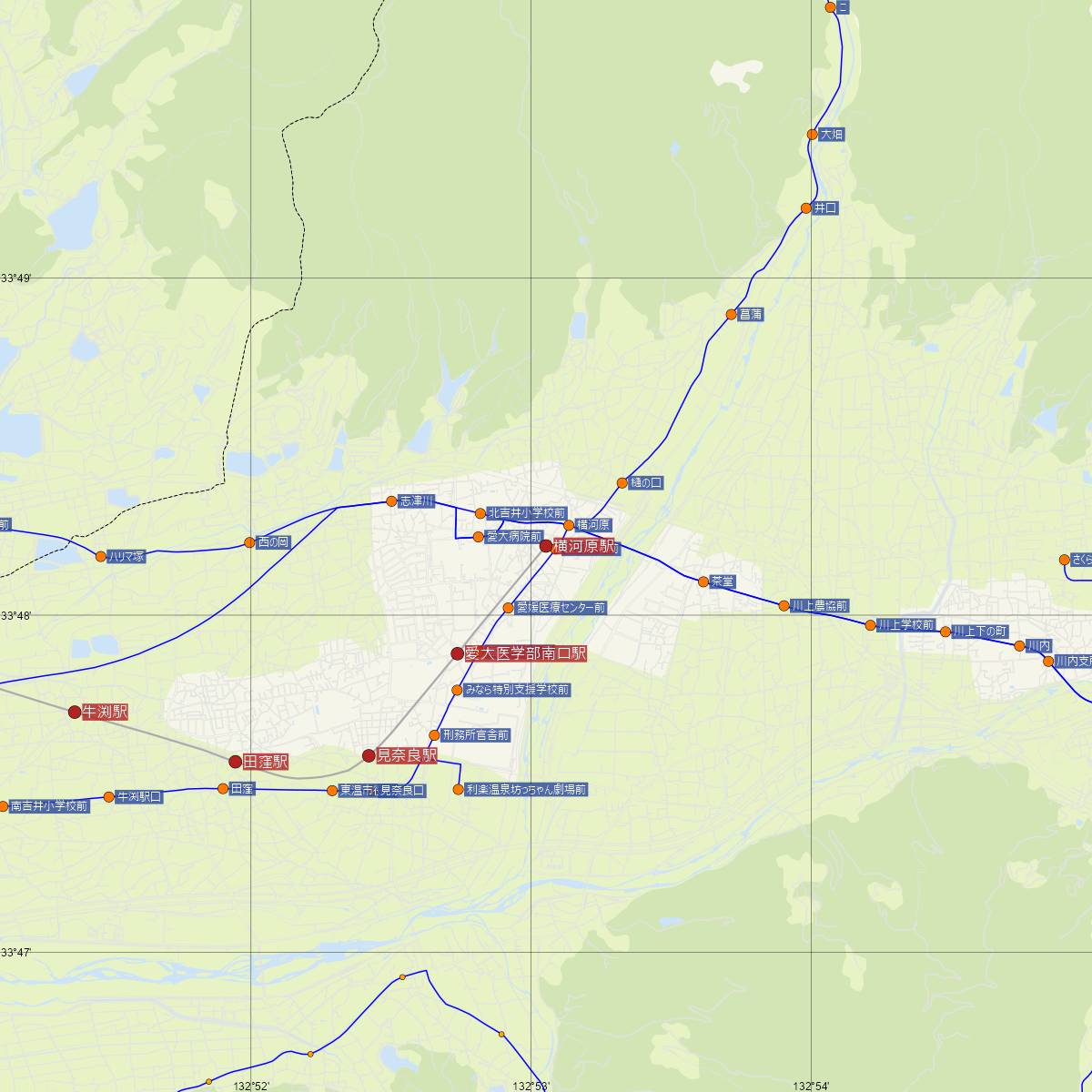 横河原駅（伊予鉄道）周辺のバス路線図