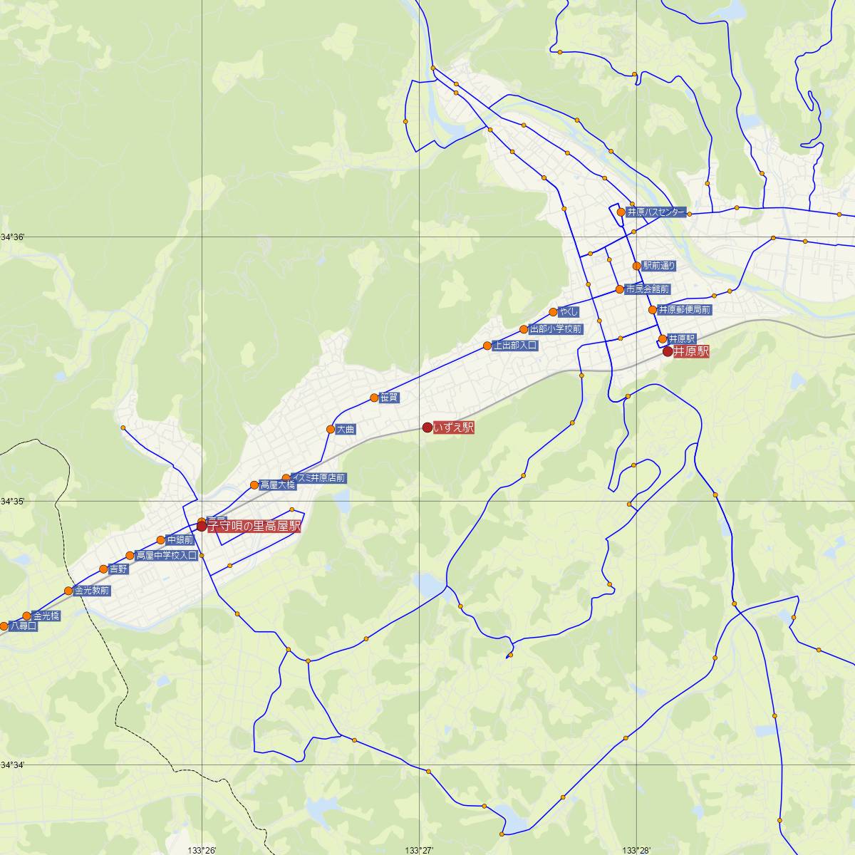 いずえ駅（井原鉄道）周辺のバス路線図