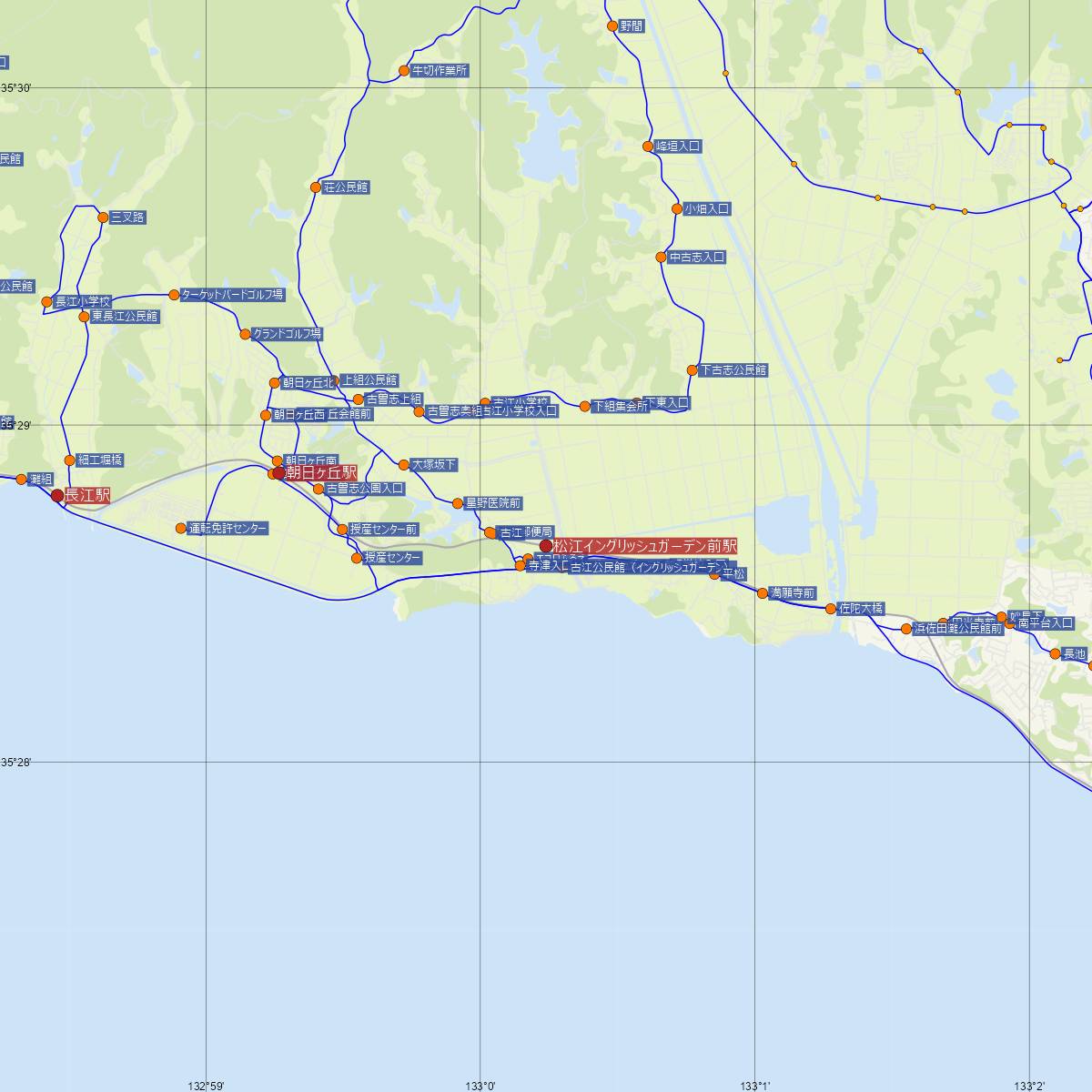 松江イングリッシュガーデン前駅（一畑電車）周辺のバス路線図
