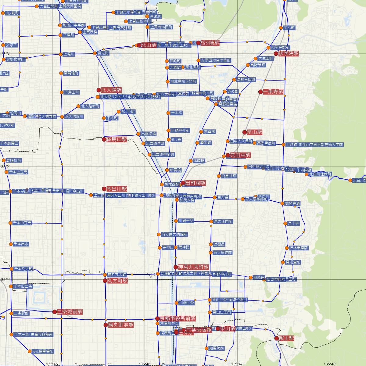 出町柳駅（叡山電鉄）周辺のバス路線図