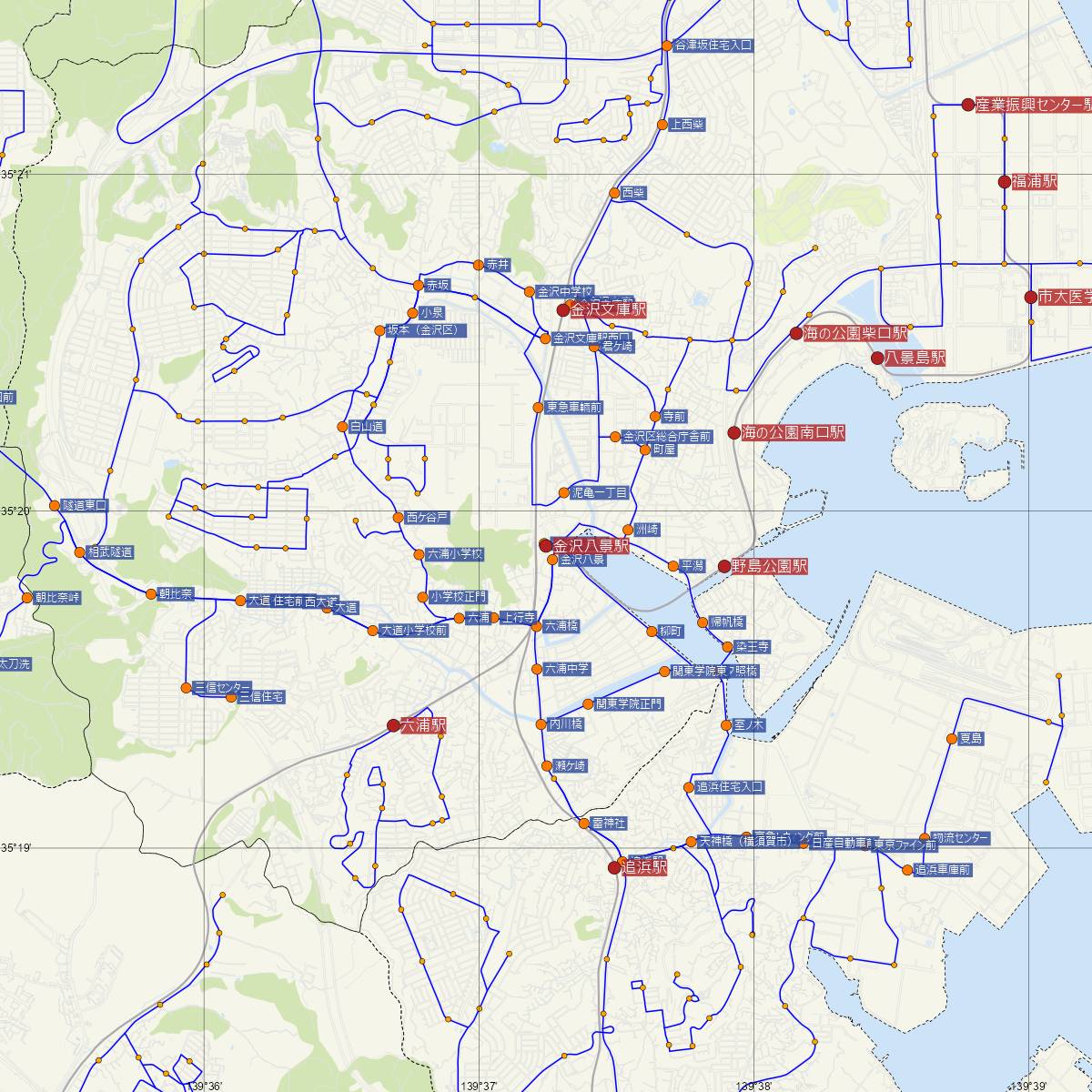金沢八景駅（横浜シーサイドライン）周辺のバス路線図