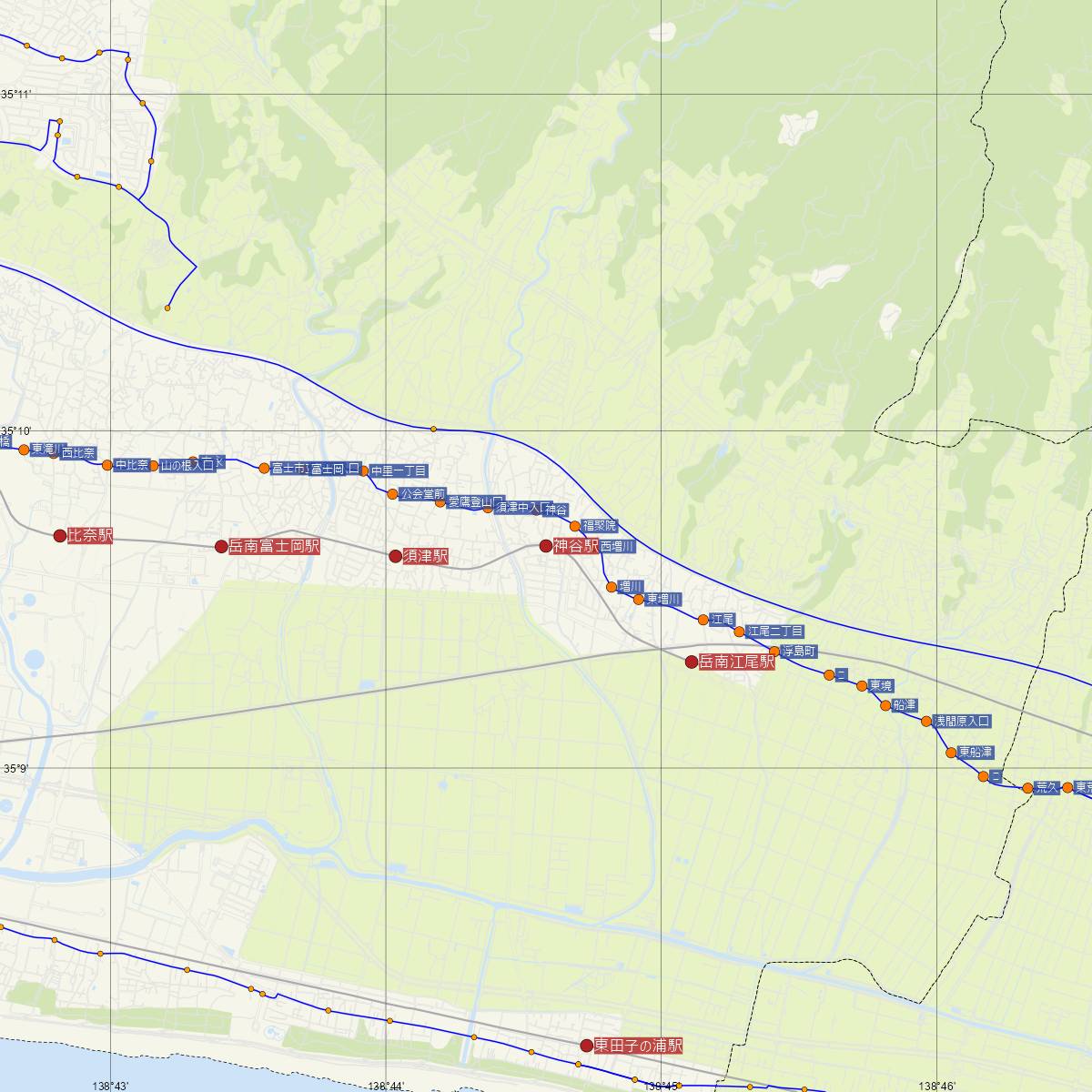 神谷駅（岳南電車）周辺のバス路線図