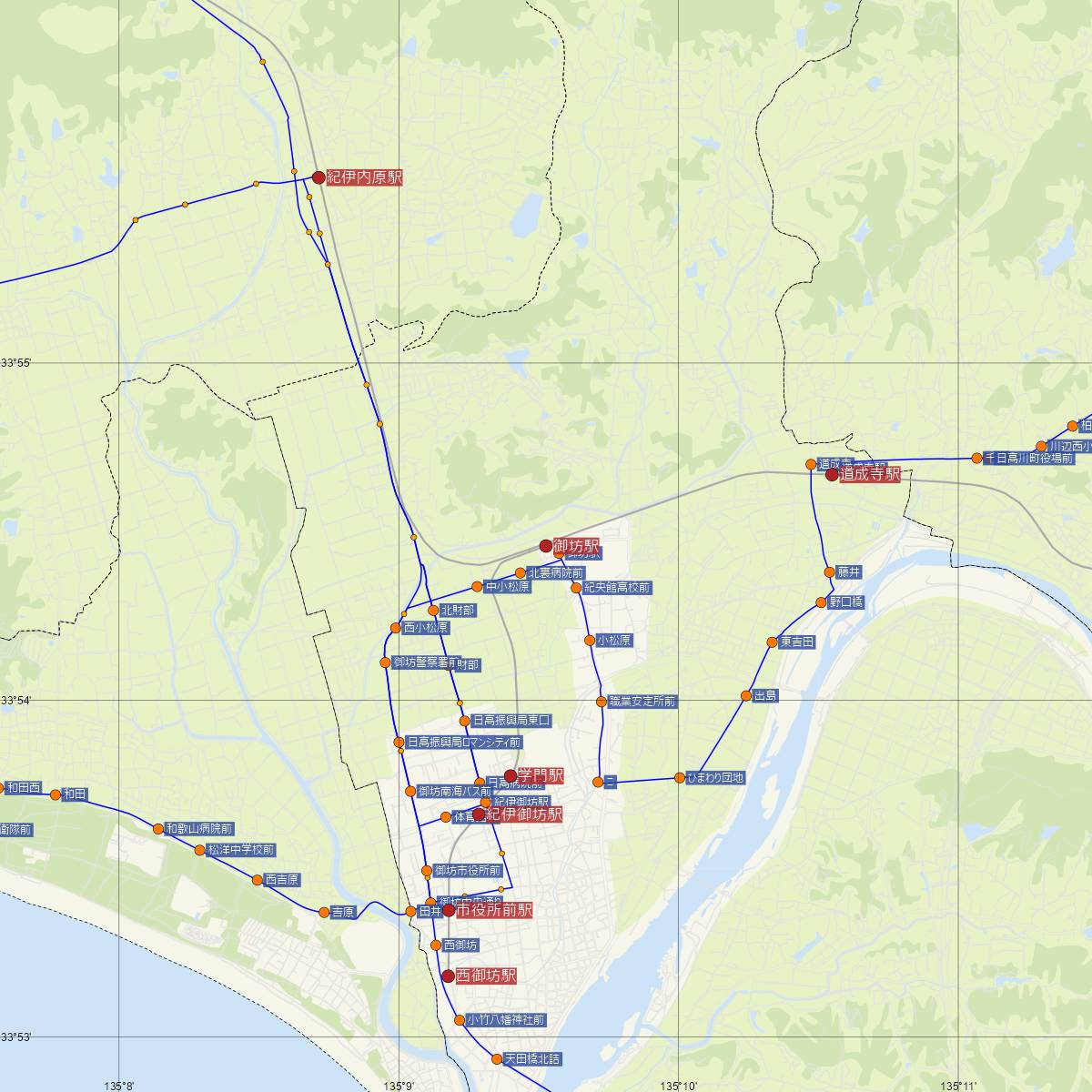 御坊駅（紀州鉄道）周辺のバス路線図