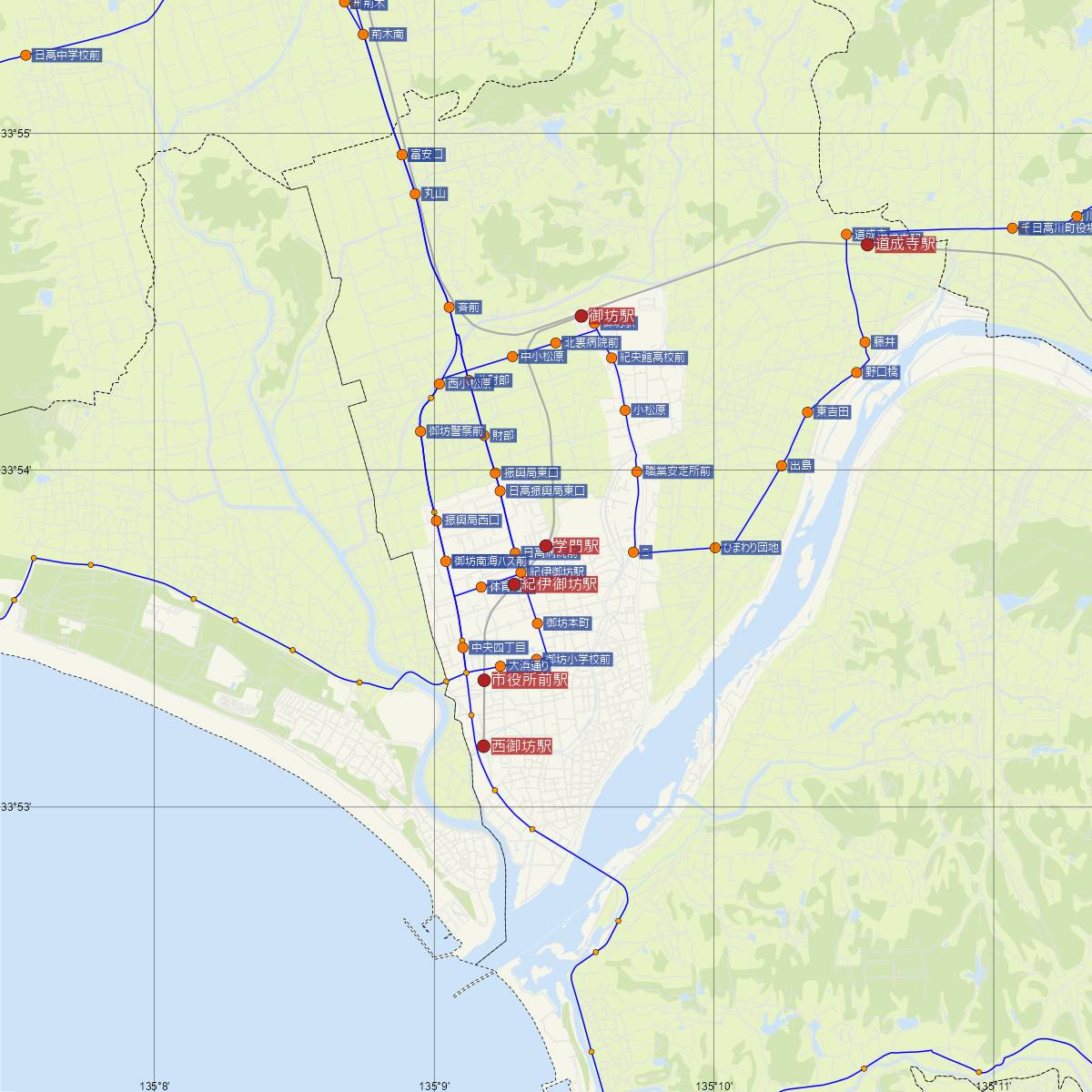 学門駅（紀州鉄道）周辺のバス路線図