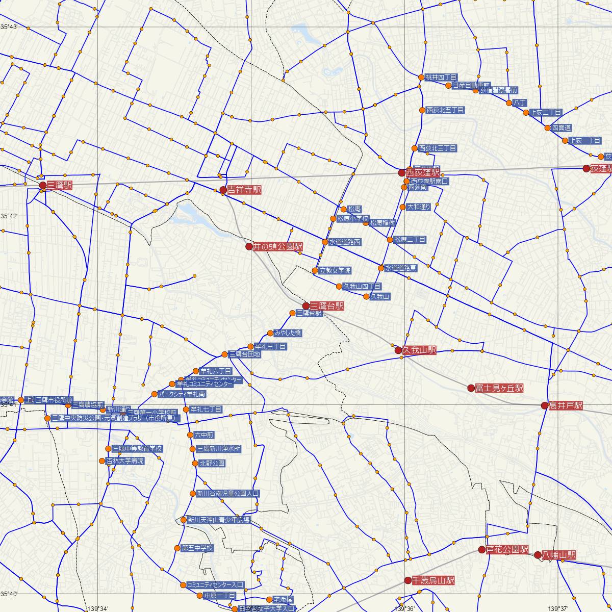 三鷹台駅（京王線）周辺のバス路線図