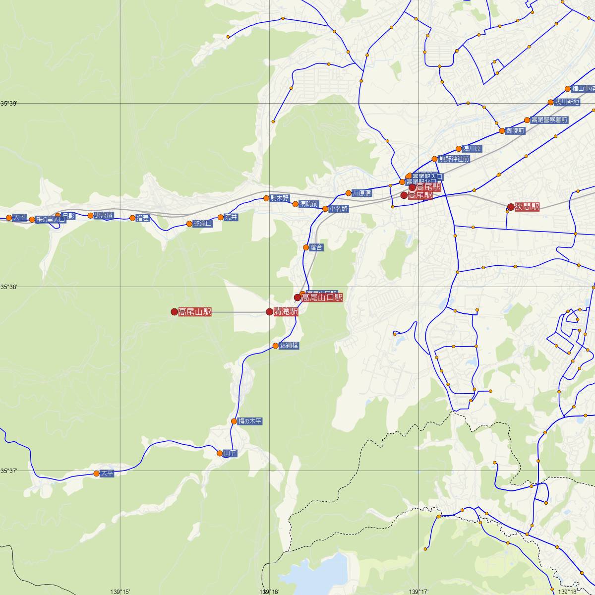 高尾山口駅（京王線）周辺のバス路線図