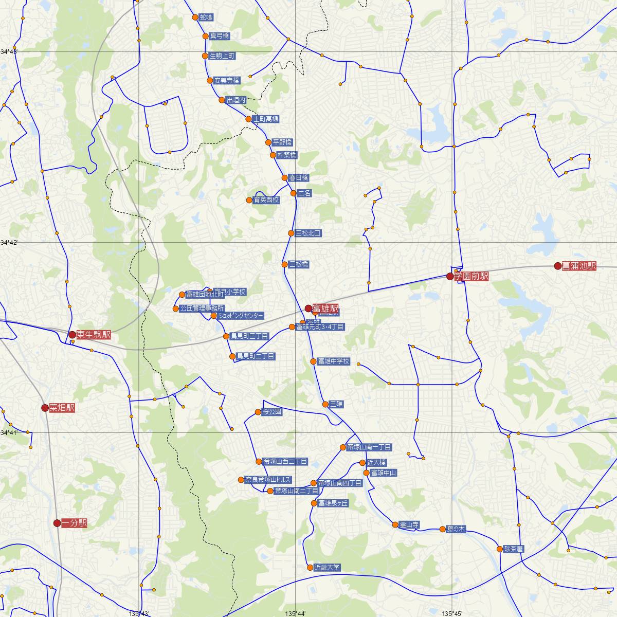富雄駅（近鉄電車）周辺のバス路線図
