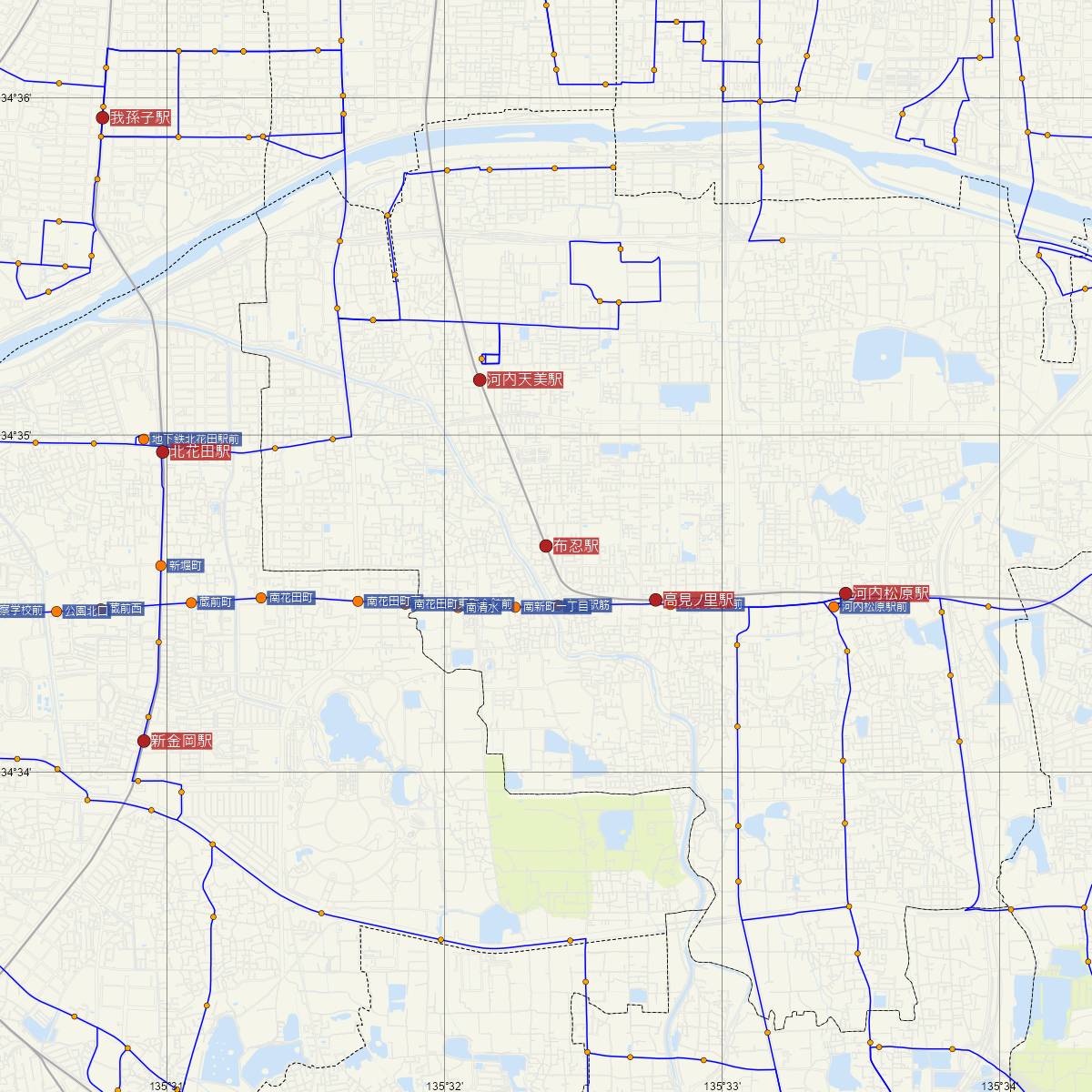 布忍駅（近鉄電車）周辺のバス路線図