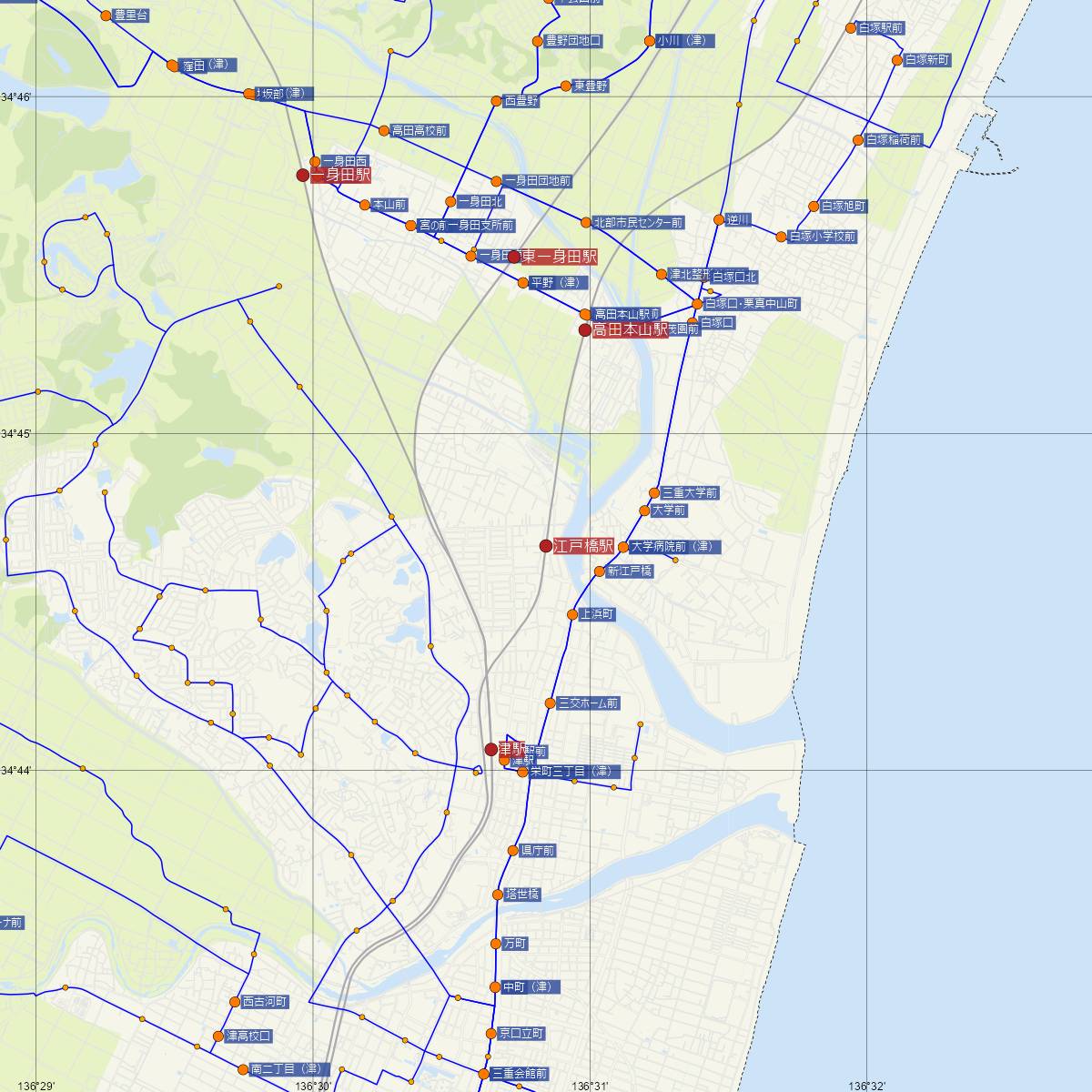 江戸橋駅（近鉄電車）周辺のバス路線図
