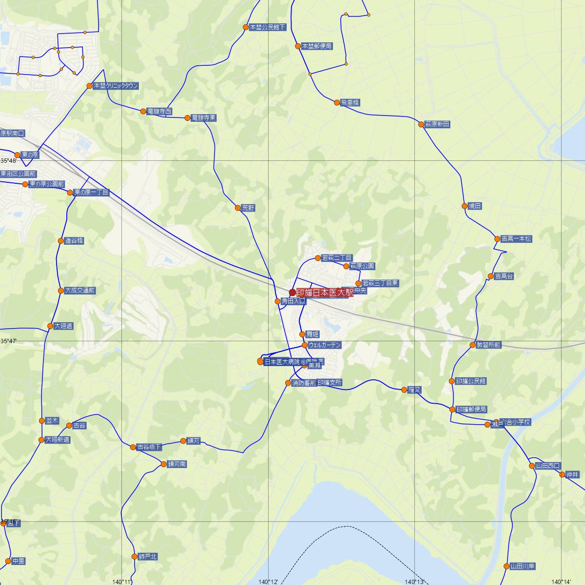 印旛日本医大駅（京成線）周辺のバス路線図