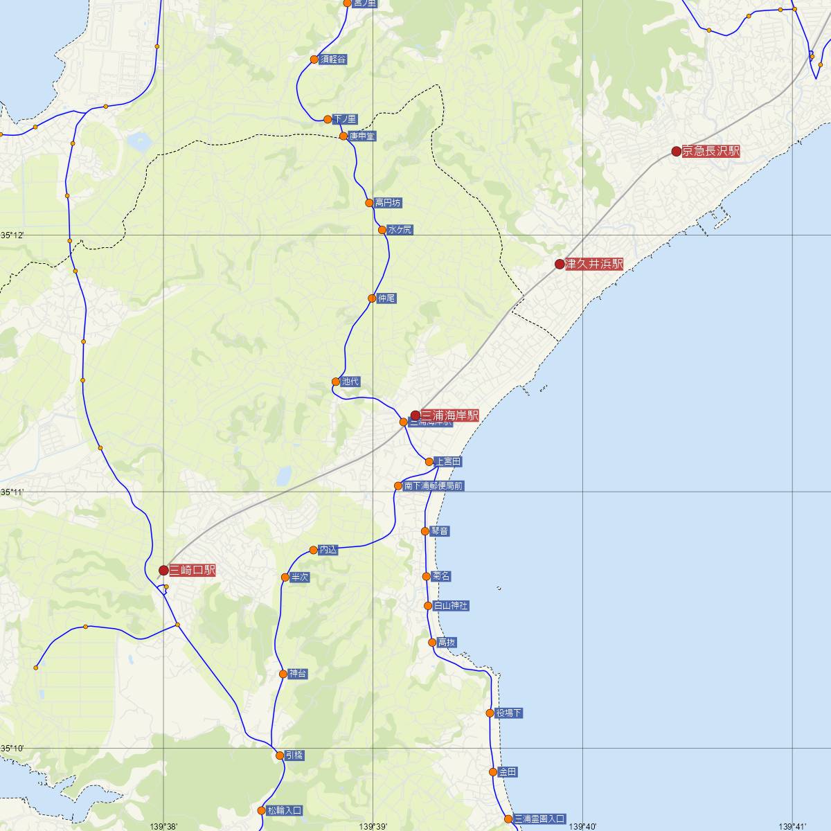 三浦海岸駅（京浜急行）周辺のバス路線図