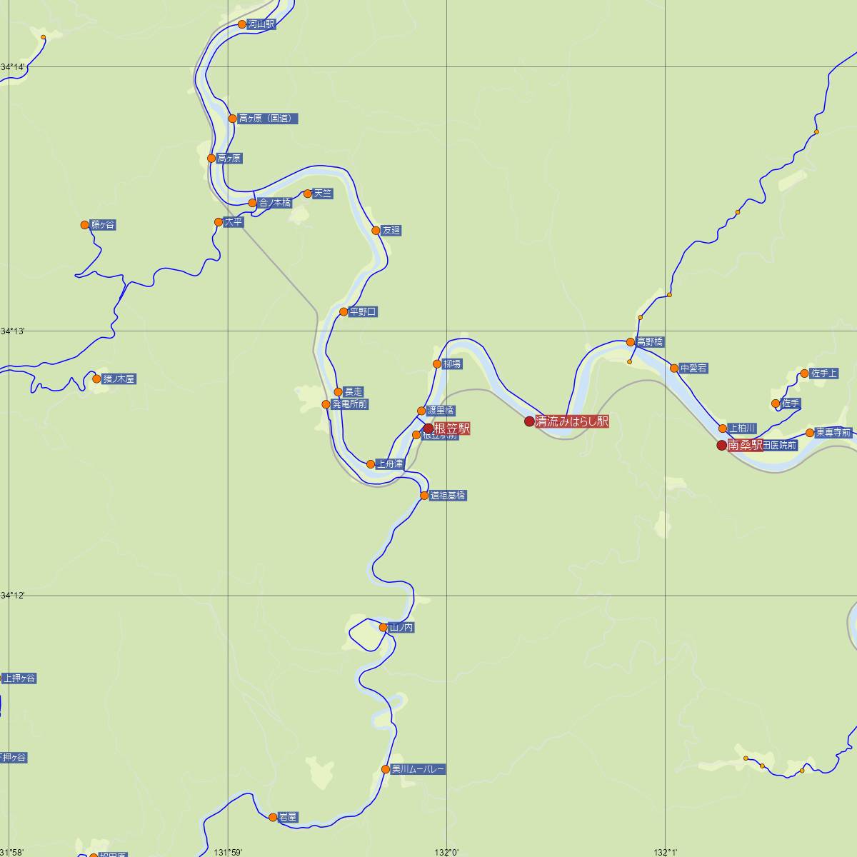 根笠駅（錦川鉄道）周辺のバス路線図