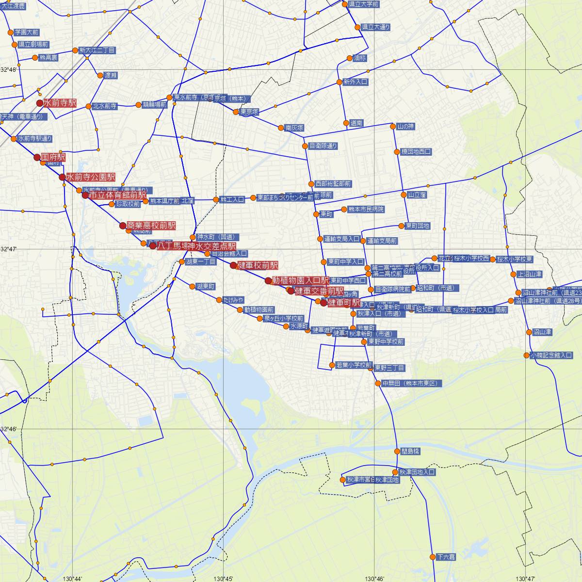 健軍交番前駅（熊本市電）周辺のバス路線図