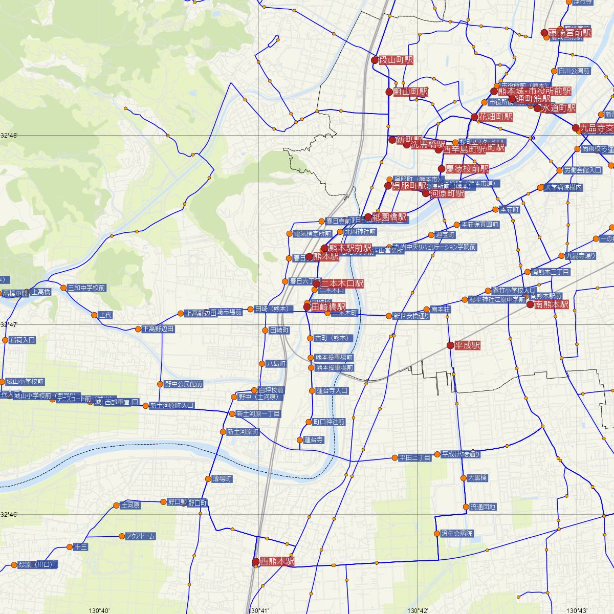 田崎橋駅（熊本市電）周辺のバス路線図