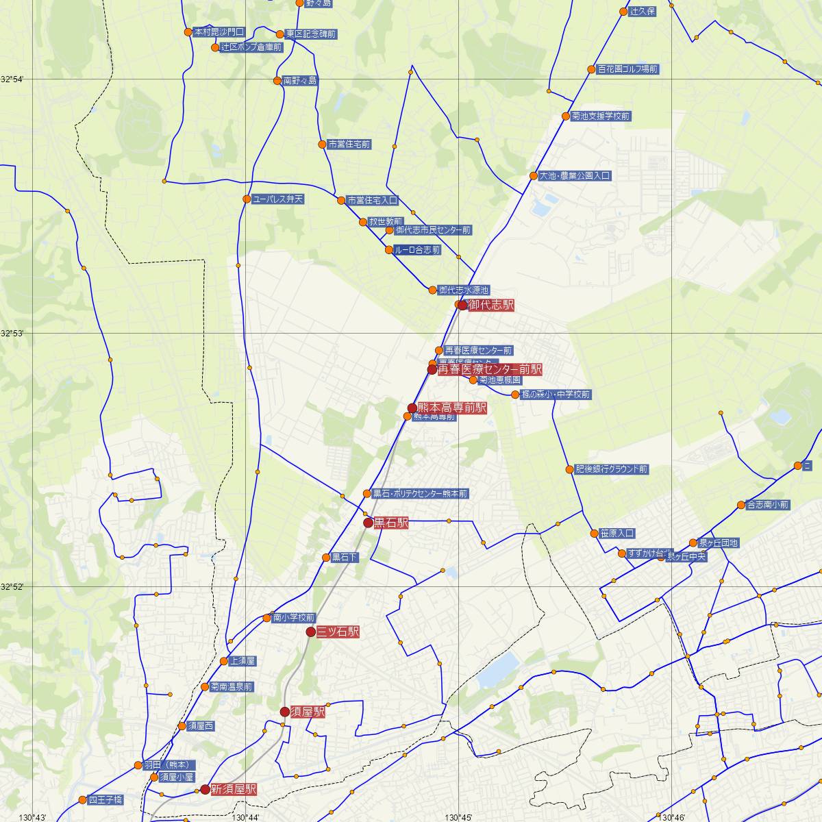 熊本高専前駅（熊本電鉄）周辺のバス路線図