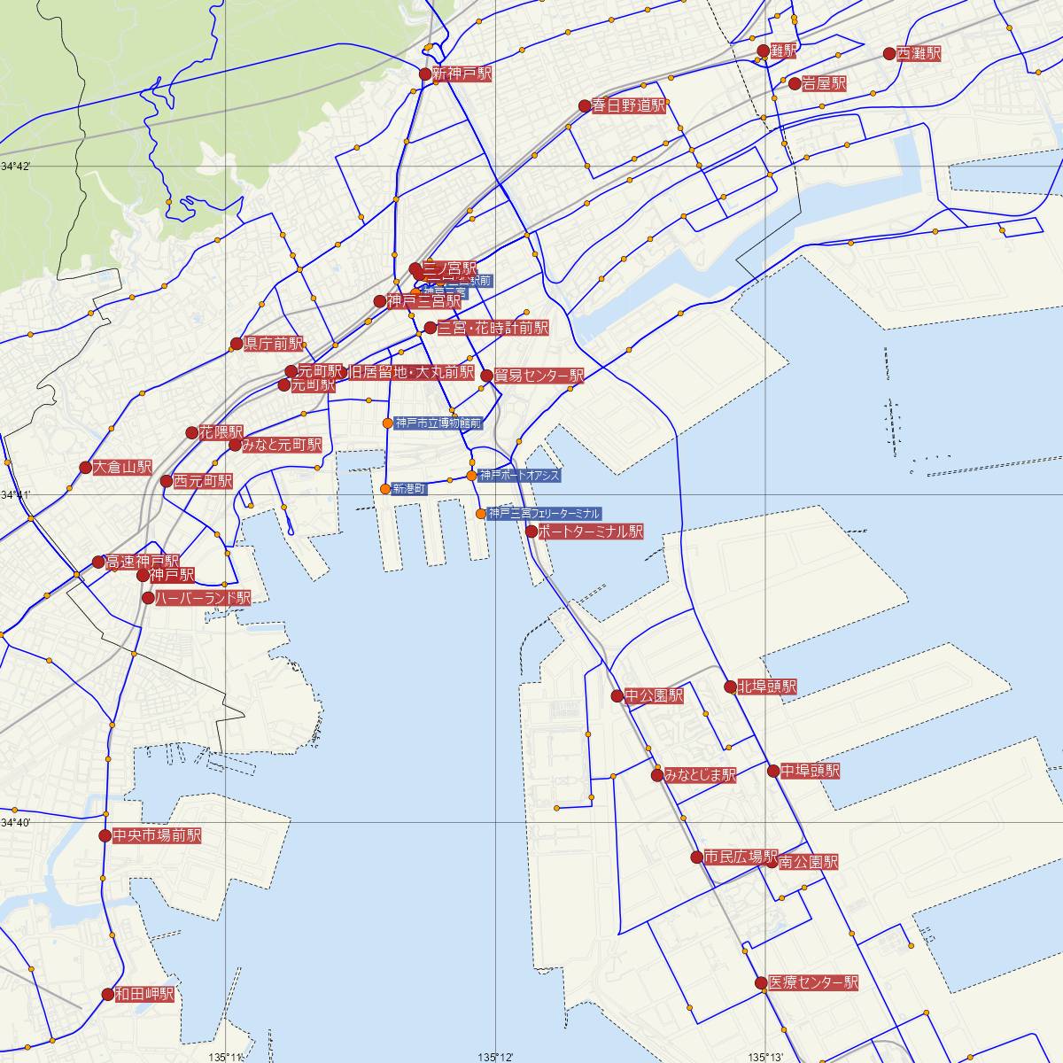 ポートターミナル駅（神戸新交通ポートライナー・六甲ライナー）周辺のバス路線図
