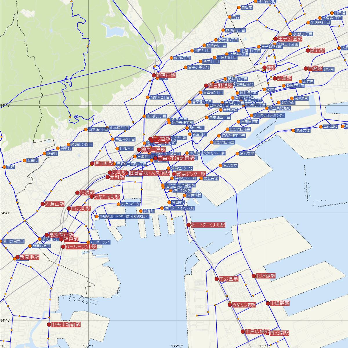 貿易センター駅（神戸新交通ポートライナー・六甲ライナー）周辺のバス路線図