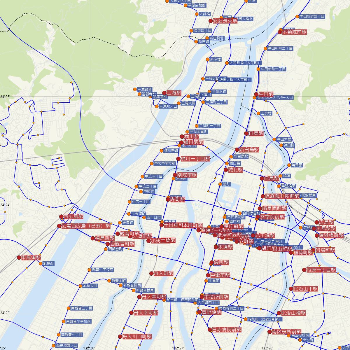 別院前駅（広島電鉄）周辺のバス路線図