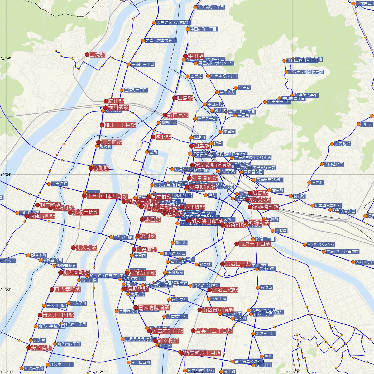 女学院前駅（広島電鉄）周辺のバス路線図
