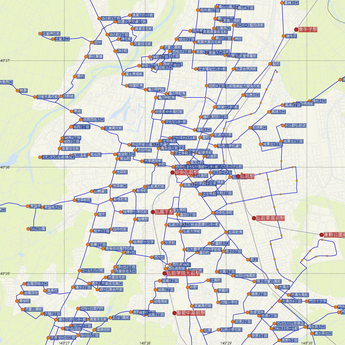 中央弘前駅（弘南鉄道）周辺のバス路線図