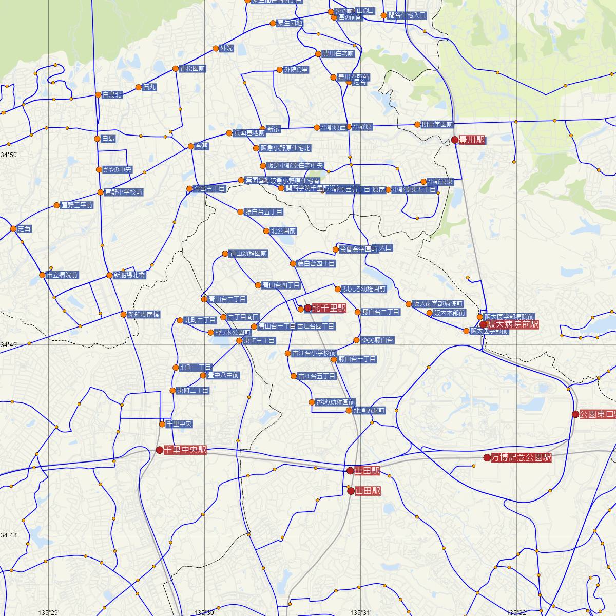 北千里駅（阪急電鉄）周辺のバス路線図