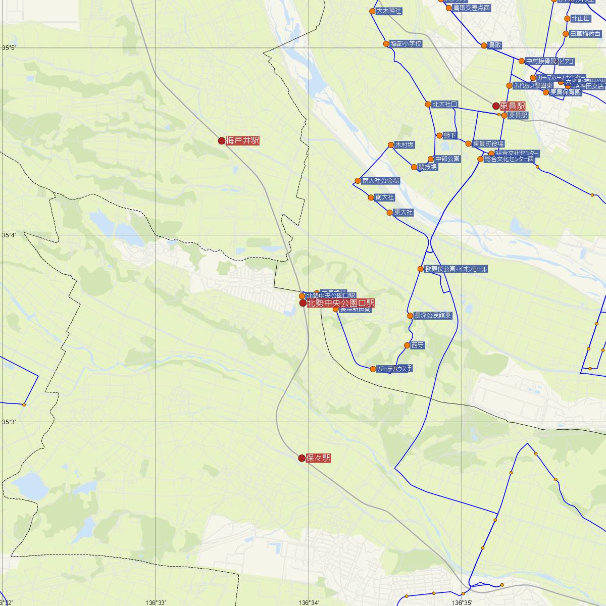 北勢中央公園口駅（三岐鉄道）周辺のバス路線図