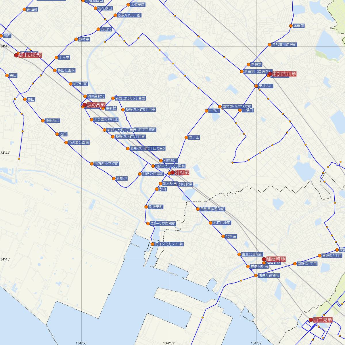 別府駅（山陽電車）周辺のバス路線図
