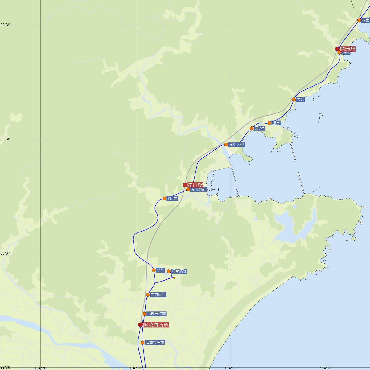 浅川駅（JR四国）周辺のバス路線図
