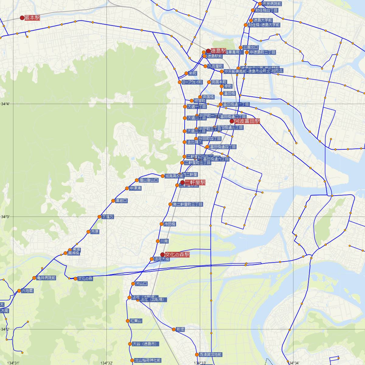 二軒屋駅（JR四国）周辺のバス路線図