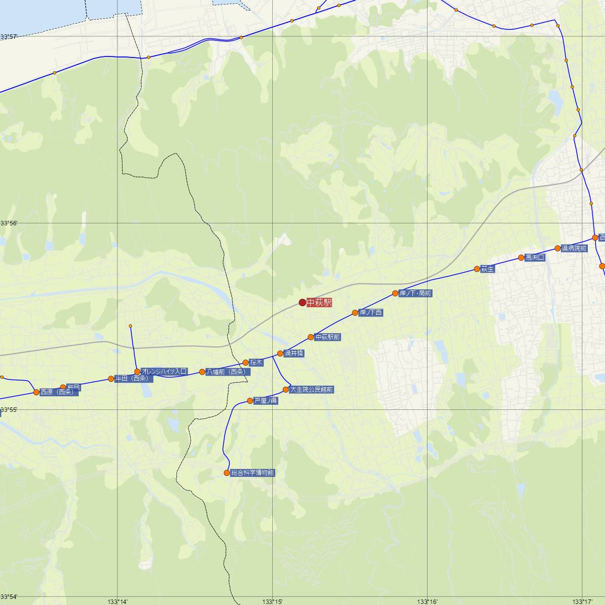 中萩駅（JR四国）周辺のバス路線図