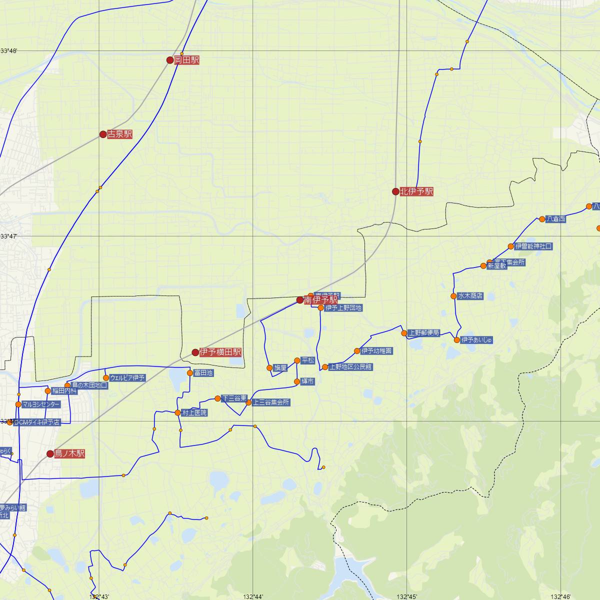 南伊予駅（JR四国）周辺のバス路線図