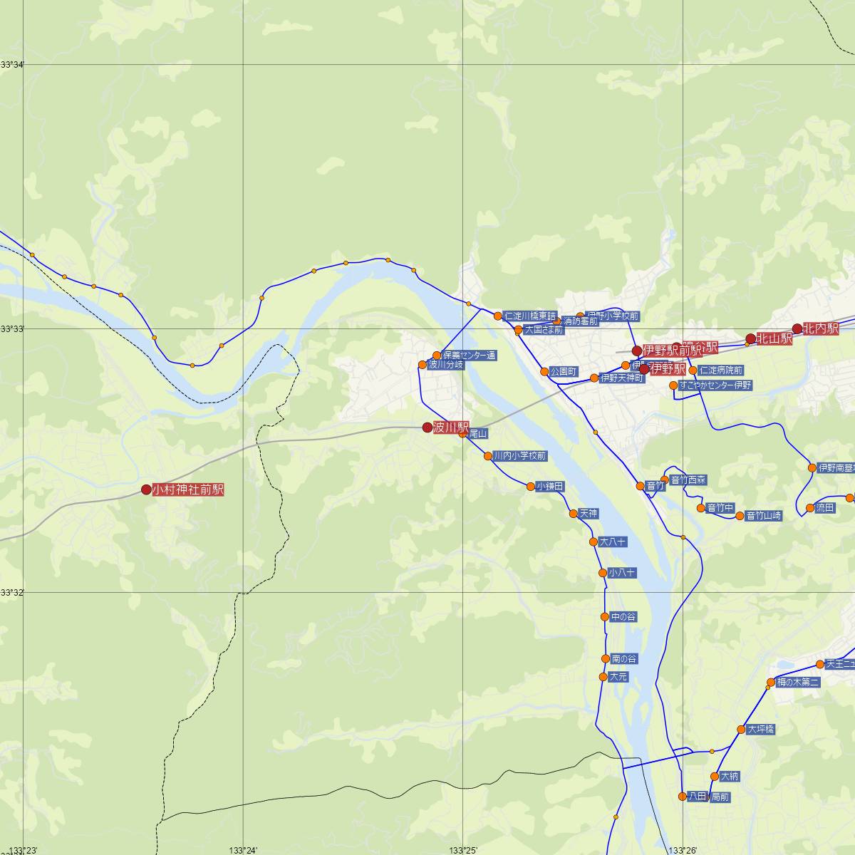 波川駅（JR四国）周辺のバス路線図