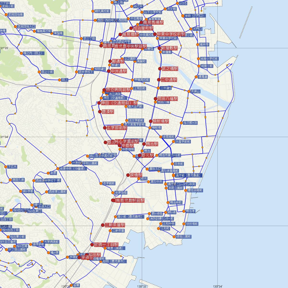 鴨池駅（鹿児島市電）周辺のバス路線図