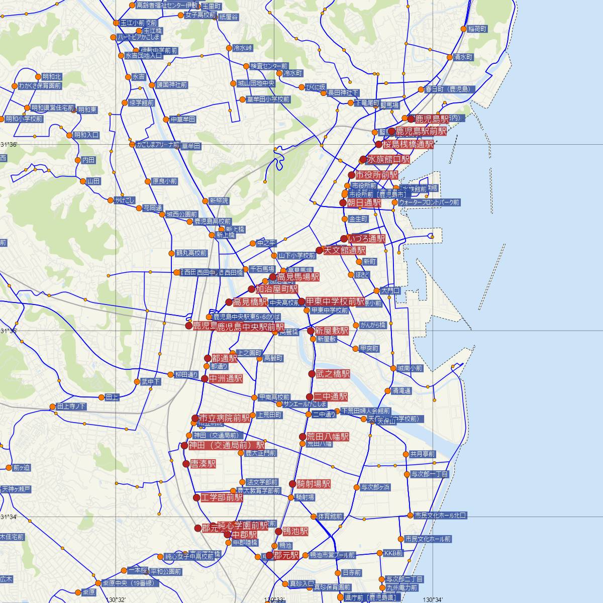 甲東中学校前駅（鹿児島市電）周辺のバス路線図