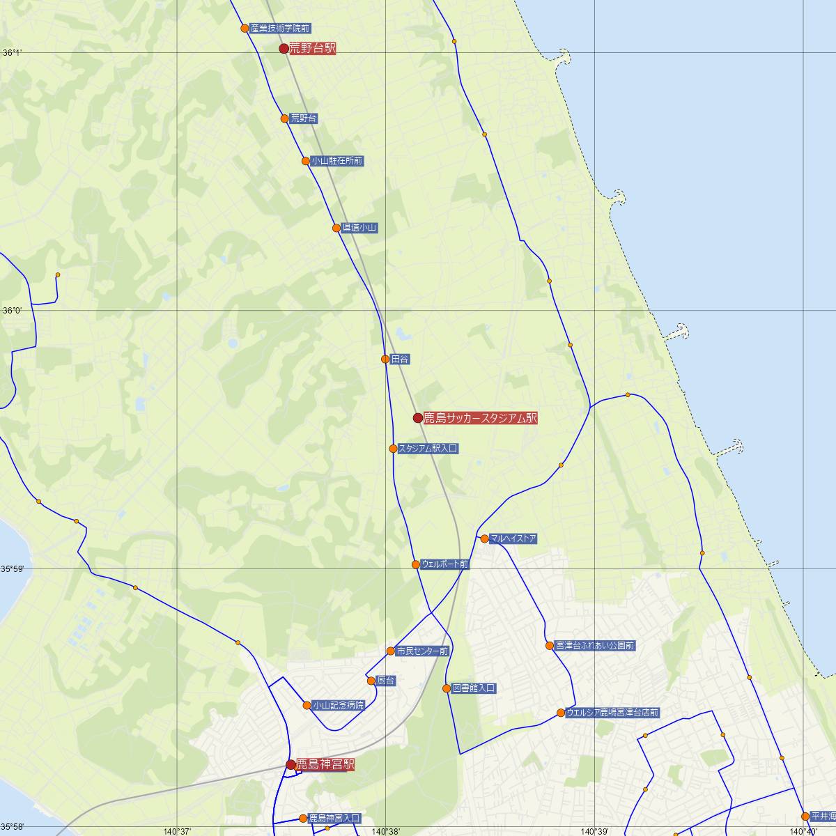 鹿島サッカースタジアム駅（鹿島臨海鉄道）周辺のバス路線図