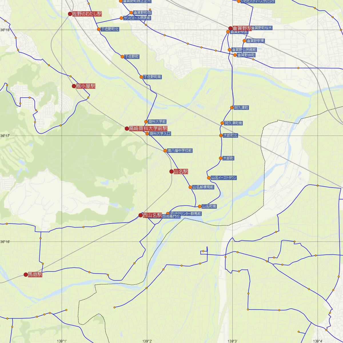 山名駅（上信線）周辺のバス路線図