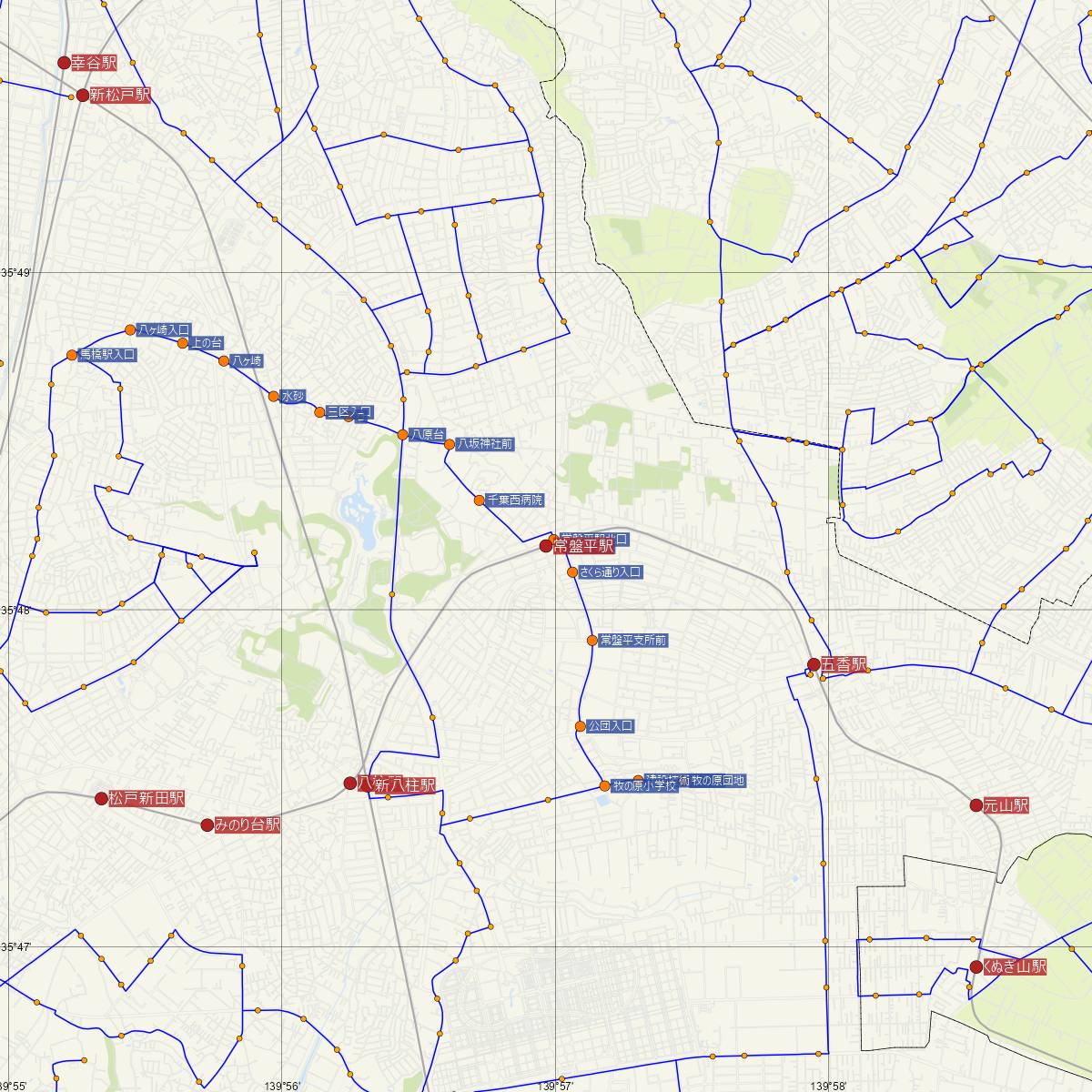 常盤平駅（新京成線）周辺のバス路線図