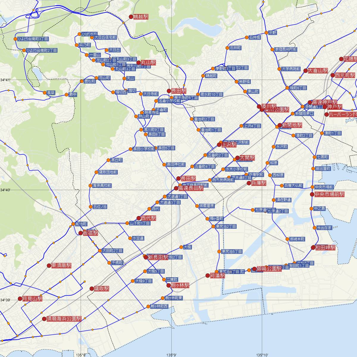 長田駅（神戸市営地下鉄）周辺のバス路線図